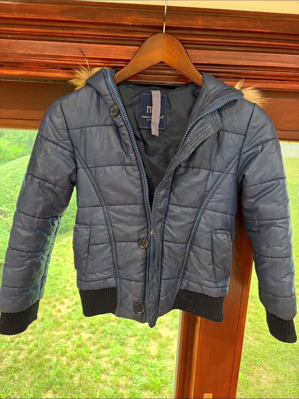Kids Navy Puffer Jacket with Faux-Fur Hood